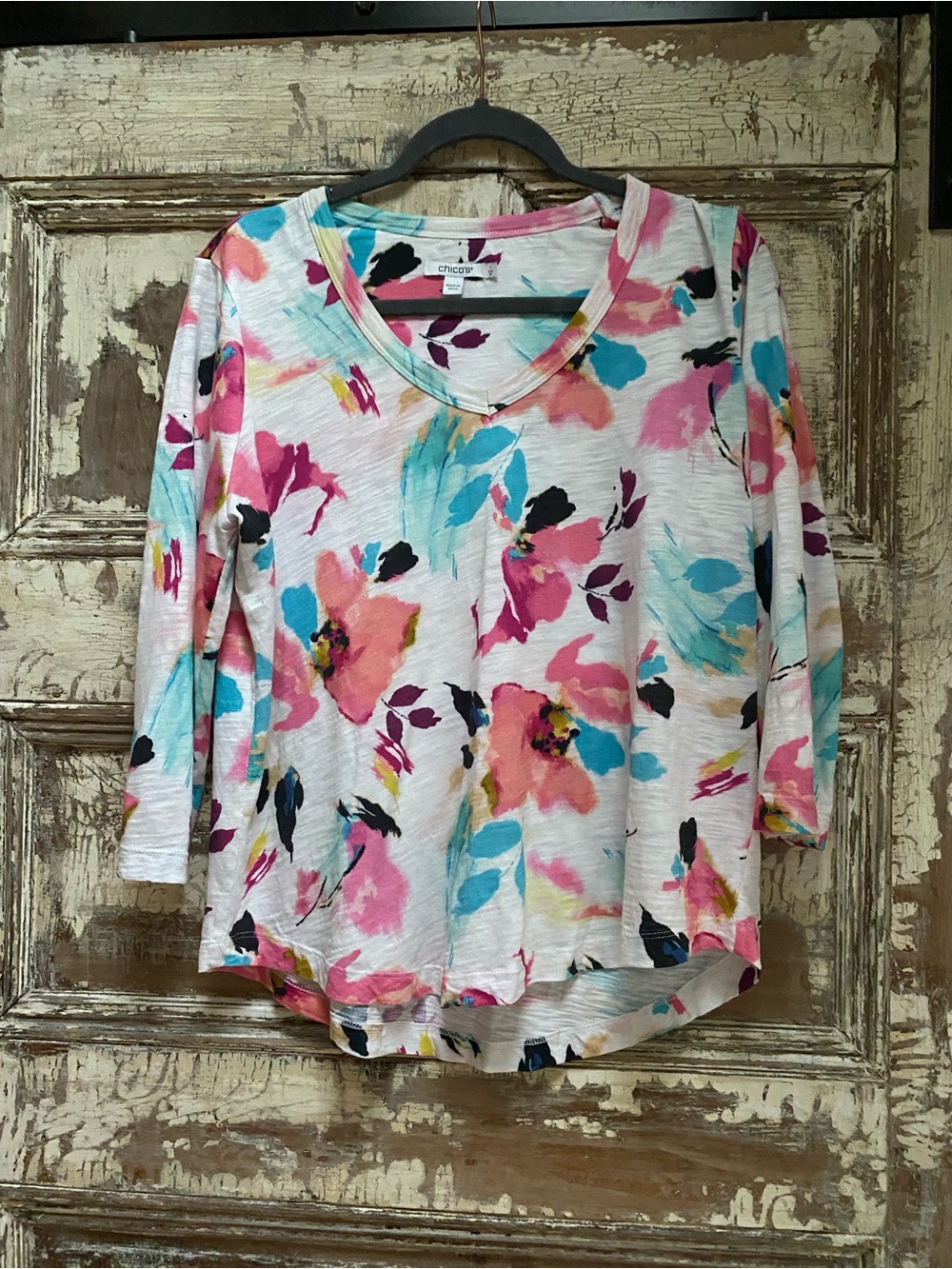 Chico’s Floral Multi Colored Cotton Top, Size M